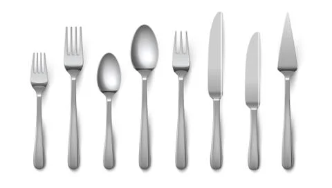 Realistic cutlery. Silverware fork knife spoon isolated on white background Stock Illustration
