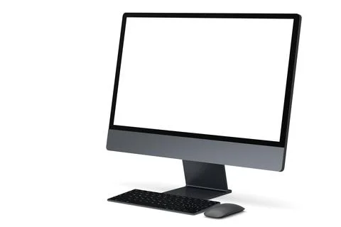 Realistic dark grey computer screen display with keyboard and mouse on white Stock Illustration