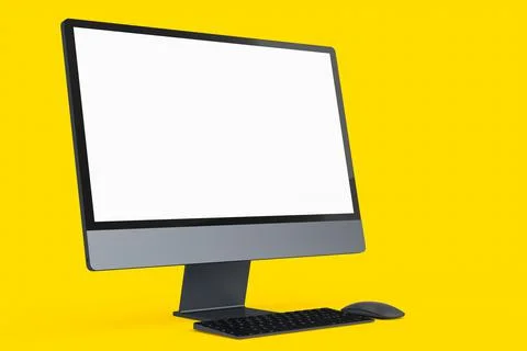 Realistic dark grey computer screen display with keyboard and mouse on yellow Ilustración de archivo