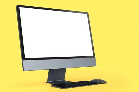 Realistic dark grey computer screen display with keyboard and mouse on yellow Ilustración de archivo