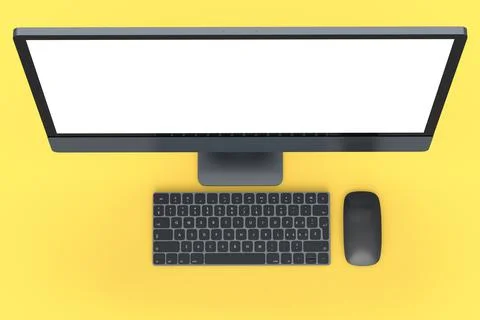 Realistic dark grey computer screen display with keyboard and mouse on yellow Stock Illustration