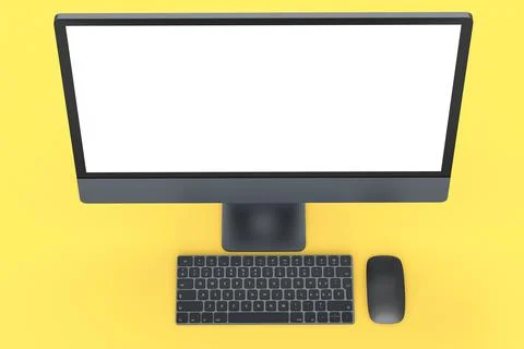 Realistic dark grey computer screen display with keyboard and mouse on yellow Ilustración de archivo