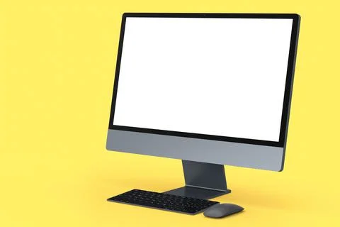Realistic dark grey computer screen display with keyboard and mouse on yellow Stock Illustration