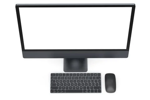Realistic dark grey computer screen display with keyboard and mouse on white Ilustración de archivo