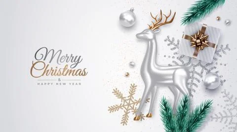 Realistic decorative Christmas composition with silver glass deer, pine branc Stock Illustration
