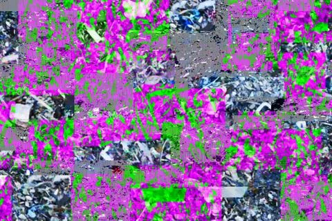 Realistic design abstract digital pixel noise with green and purple glitch error 库存插图