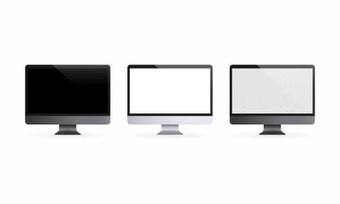Realistic desktop computer with blank display. PC in front and side view. In  Stock Illustration