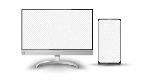 Realistic Desktop Computer Screen and Mobile Phone Mockup, Vector Illustratio Stock Illustration