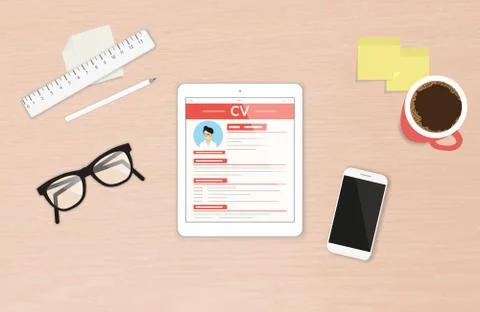 Realistic desktop design with CV template presentation on the tablet pc display Stock Illustration