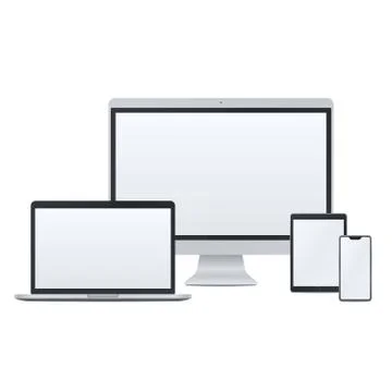 Realistic desktop pc, laptop, tablet pc and smart phone set Stock Illustration