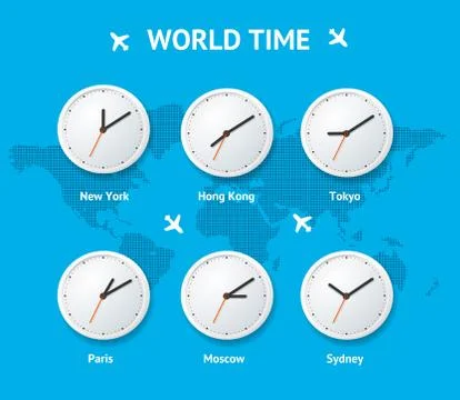 Realistic Detailed 3d Clock on a Map World Time Concept. Vector Stock Illustration
