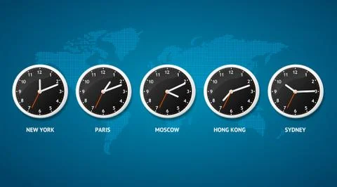 Realistic Detailed 3d Clock on a Map World Time Concept. Vector Stock-Illustration
