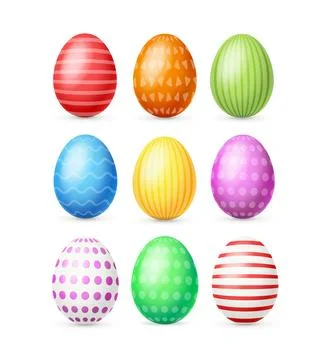 Realistic Detailed 3d Color Easter Eggs with Different Print Set. Vector Stock Illustration