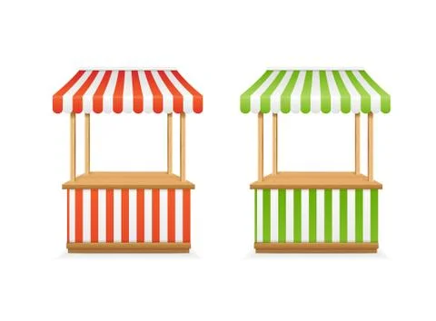 Realistic Detailed 3d Empty Striped Market Stall Set. Vector Illustrazione stock