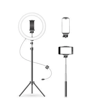 Realistic Detailed 3d Led Ring Lamp and Monopod Set. Vector Illustrazione stock