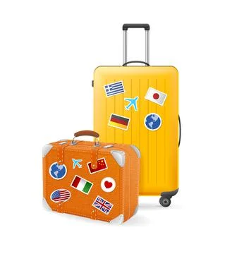 Realistic Detailed 3d Modern and Retro Travel Suitcase with Sticker Flags Stock Illustration