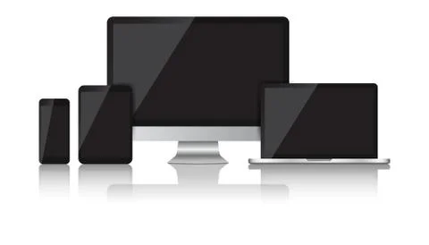 Realistic device flat Icons: smartphone, tablet, laptop and desktop computer. Illustrazione stock