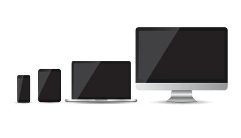 Realistic device flat Icons: smartphone, tablet, laptop and desktop computer. Illustrazione stock