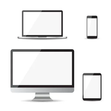 Realistic device flat Icons: smartphone, tablet, laptop and desktop computer. Stock Illustration