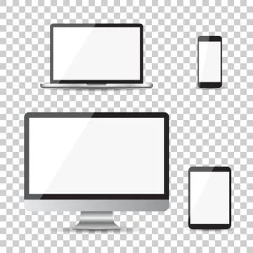 Realistic device flat Icons: smartphone, tablet, laptop and desktop computer. Illustrazione stock