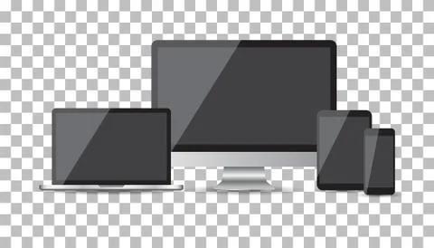 Realistic device flat Icons: smartphone, tablet, laptop and desktop computer. Illustrazione stock