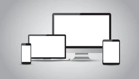 Realistic device flat Icons: smartphone, tablet, laptop and desktop computer. Stock Illustration
