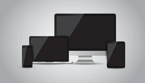 Realistic device flat Icons: smartphone, tablet, laptop and desktop computer. Stock Illustration