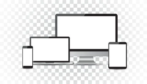 Realistic device flat Icons: smartphone, tablet, laptop and desktop computer. Stock Illustration
