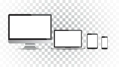 Realistic device flat Icons: smartphone, tablet, laptop and desktop computer. Ilustración de archivo