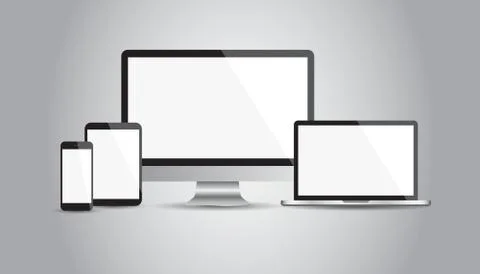 Realistic device flat Icons: smartphone, tablet, laptop and desktop computer. Illustrazione stock