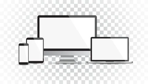 Realistic device flat Icons: smartphone, tablet, laptop and desktop computer. Illustrazione stock