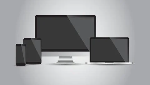 Realistic device flat Icons: smartphone, tablet, laptop and desktop computer. Illustrazione stock