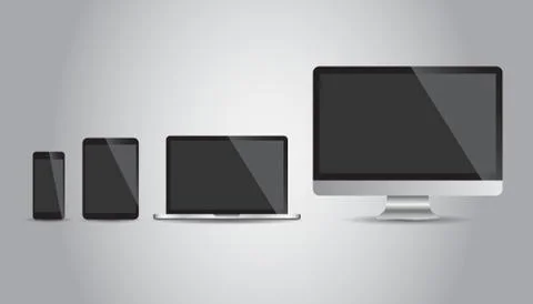 Realistic device flat Icons: smartphone, tablet, laptop and desktop computer. Illustrazione stock