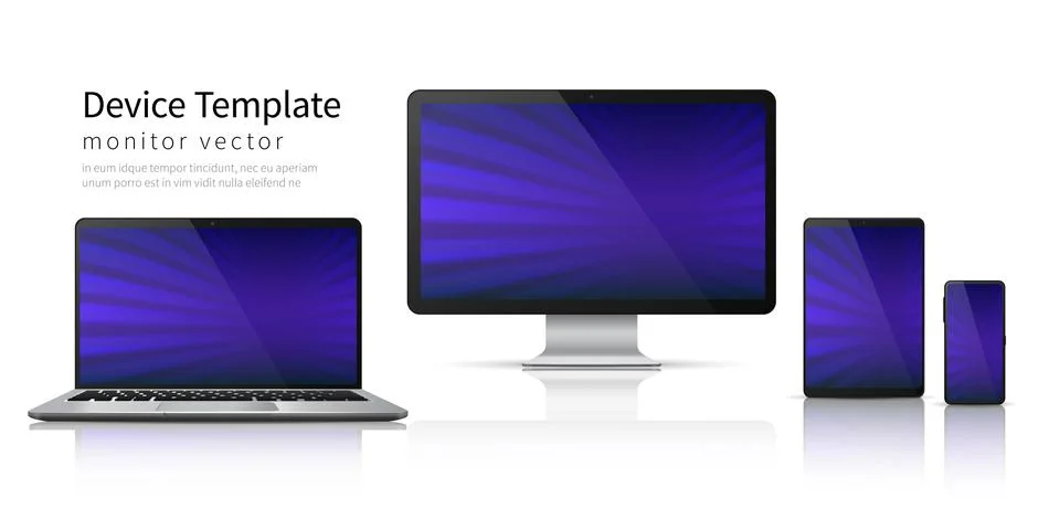 Realistic devices. Computer laptop tablet phone mockup, smartphone screen mobile Stock Illustration