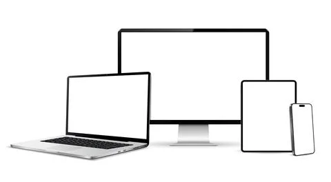 Realistic devices screen mockup. Smartphone, tablet, laptop and display mon.. 库存插图