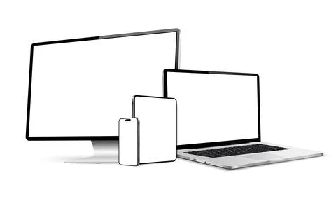 Realistic devices screen mockup. Smartphone, tablet, laptop and display monit Illustrazione stock