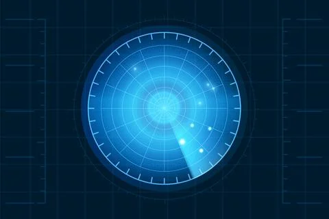 Realistic digital blue radar display in searching with targets, military Illustrazione stock