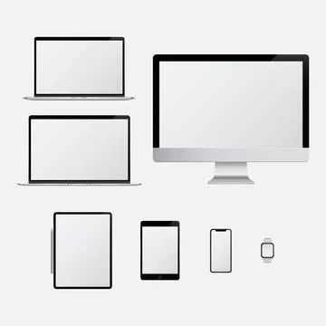 Realistic digital design mockup set. Computer, laptop, tablet, phone and watch Stock Illustration