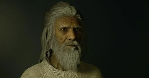 Realistic digital rendering of an elderly man with long hair and beard Stock Illustration