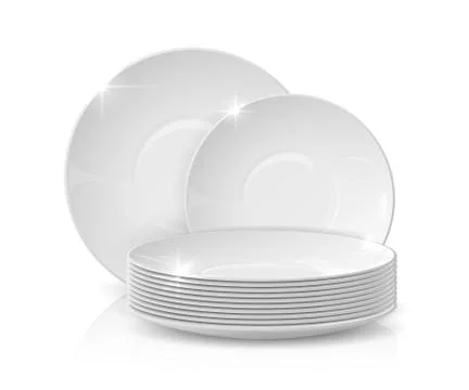 Realistic dishes. Stack of plates and bowls, 3D white ceramic crockery, dishware Stock Illustration
