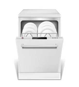 Realistic dishwasher machine with open door. White dishwasher with clean plates Stock Illustration