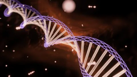 Realistic DNA 3D double helix. Design. Science concept, neon glowing spiral Illustrazione stock