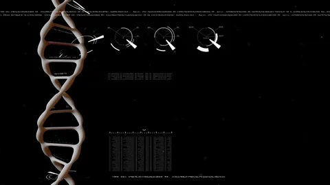 Realistic DNA. Rotating DNA with formula and data processing background. Genetic Stock Footage 93612830