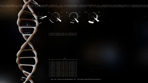 Realistic DNA. Rotating DNA with formula and data processing background. Genetic Stock-Footage 93612841