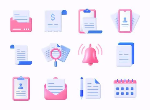 Realistic documents icon. 3D plastic contract form and paper check list. Work Stock Illustration