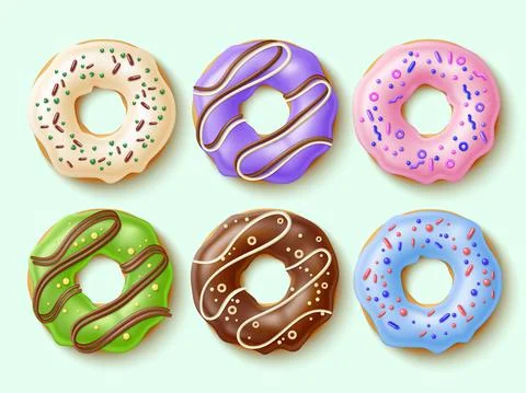 Realistic donuts. Sweet pastries with different types glazes and sprinkles, top Stock Illustration