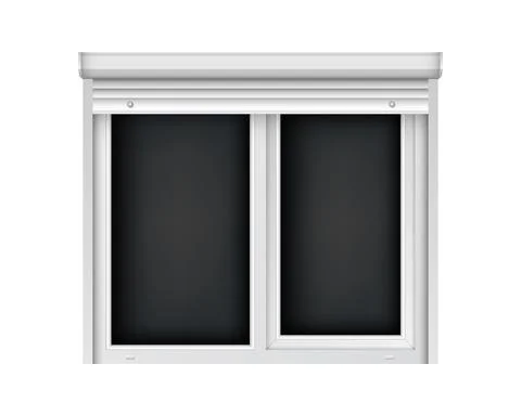 Realistic double plastic window with open blind. White roller shutter with Ilustración de archivo
