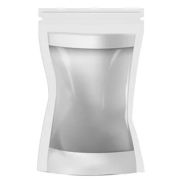 Realistic doy pack mockup, white, rectangular, transparent, with closed zipper. Stock Illustration