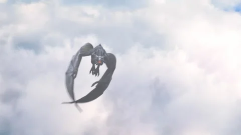Realistic Dragon flying in the cloudy sky and breathing a flame. Stock Footage 219876784