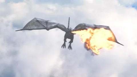 Realistic Dragon flying in the cloudy sky and breathing a flame. Stock Footage 220567675